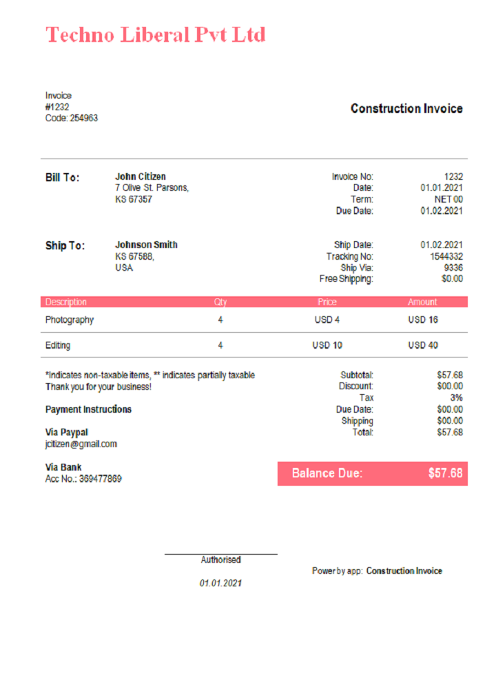 USA Techno Liberal Pvt Ltd invoice PSD template
